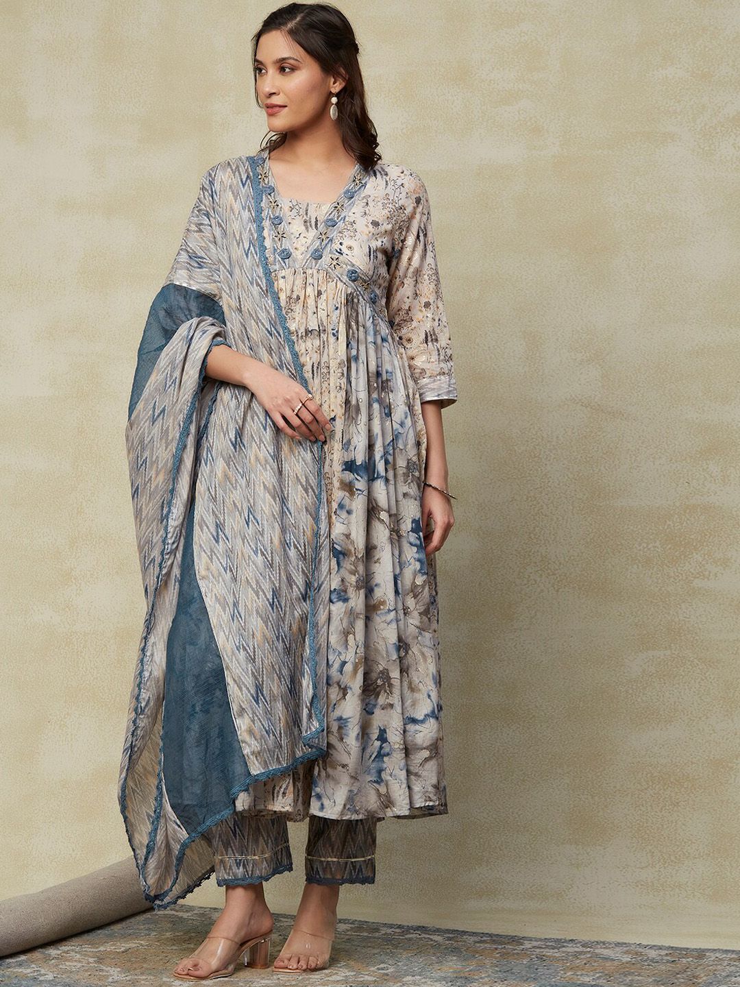 FASHOR Grey & Beige Floral Printed Thread Work Pure Cotton Kurta With Trousers & Dupatta Price in India