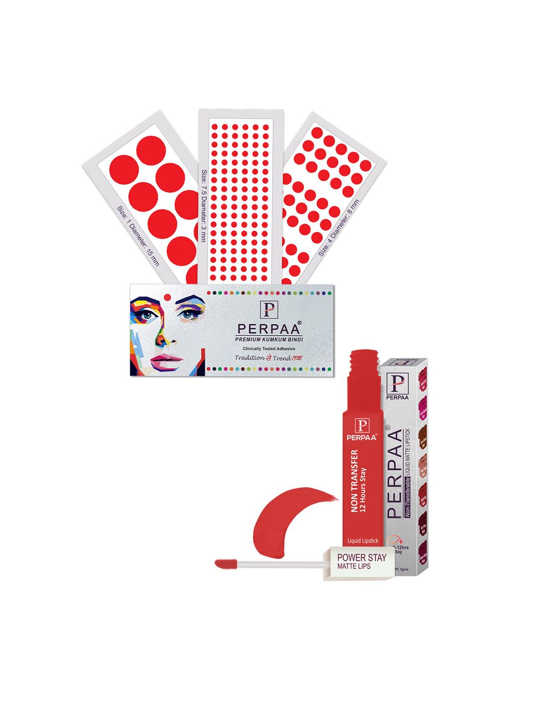 PERPAA Power Stay Non Transfer Lipstick - Shade 01 & Set of 3 Premium Red Bindis