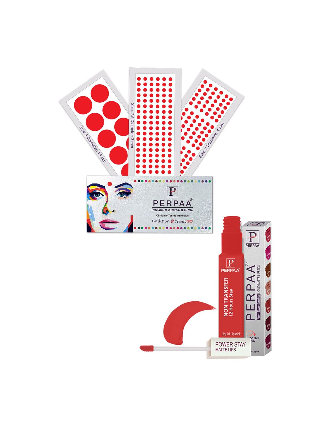 PERPAA Power Stay Non Transfer Lipstick - Shade 01 & Set of 3 Premium Red Bindis