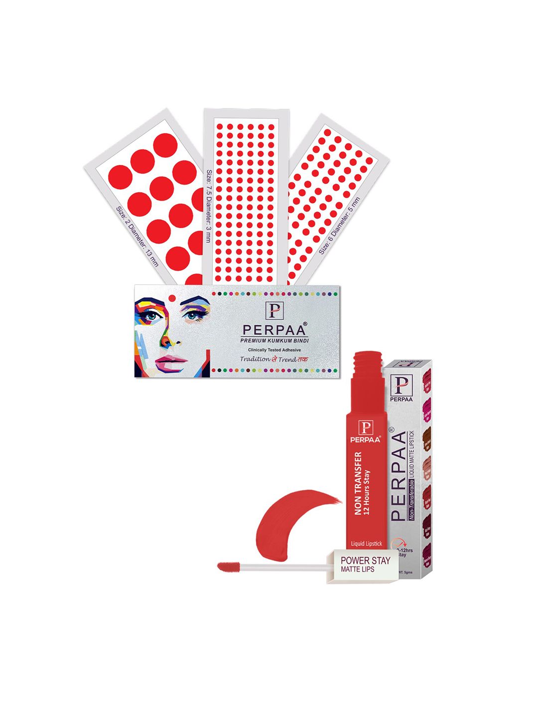 PERPAA Power Stay Non Transfer Lipstick - Shade 01 & Set of 3 Premium Red Bindis
