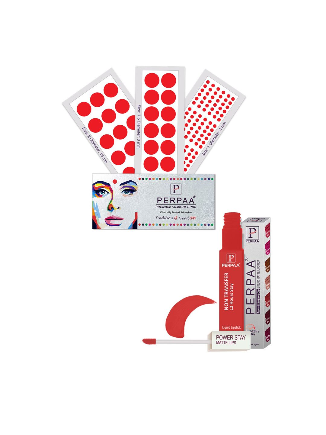 PERPAA Power Stay Non Transfer Lipstick - Shade 01 & Set of 3 Premium Red Bindis
