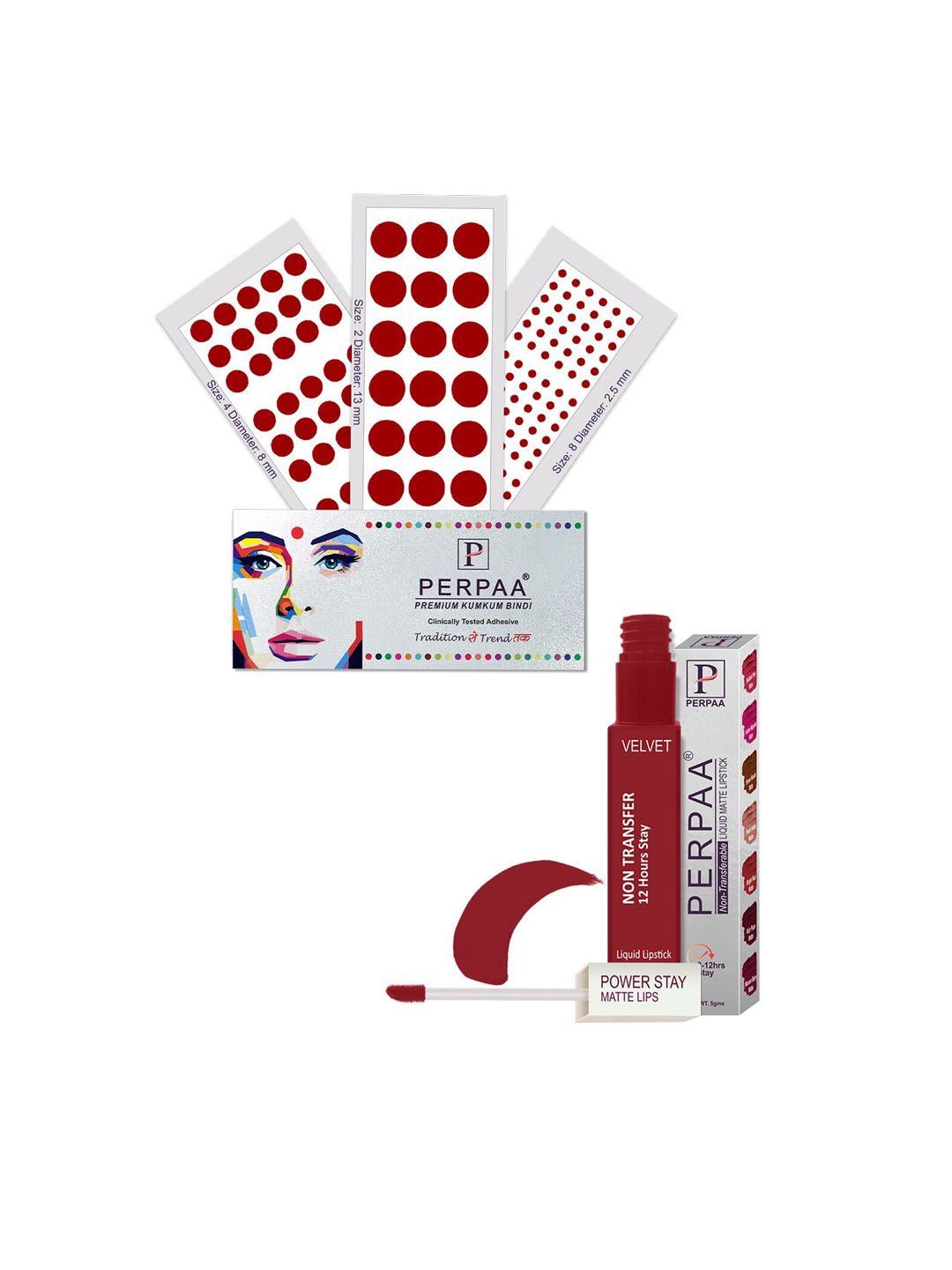 PERPAA Power Stay Non Transfer Lipstick - Shade 22 & Set of 3 Premium Light Maroon Bindis