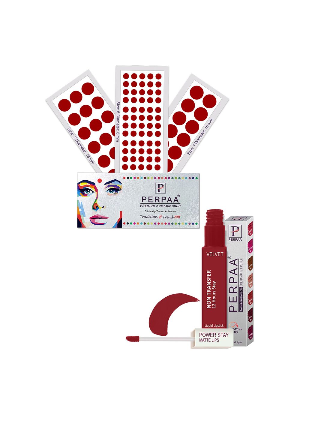 PERPAA Power Stay Non Transfer Lipstick - Shade 22 & Set of 3 Premium Light Maroon Bindis