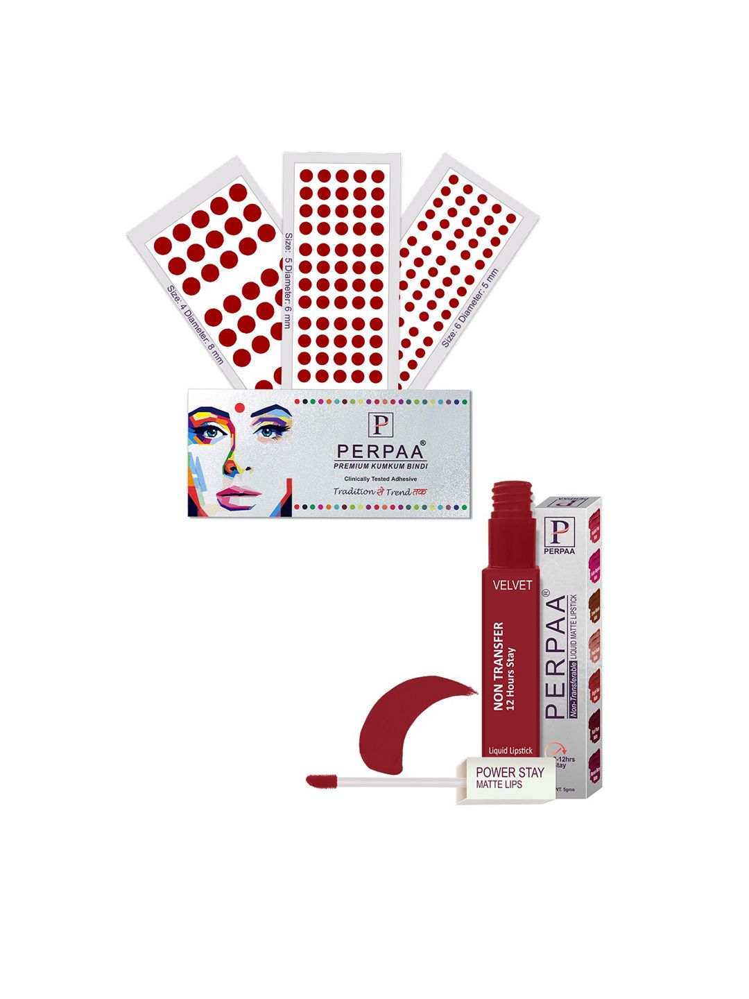 PERPAA Power Stay Non Transfer Lipstick - Shade 22 & Set of 3 Premium Light Maroon Bindis