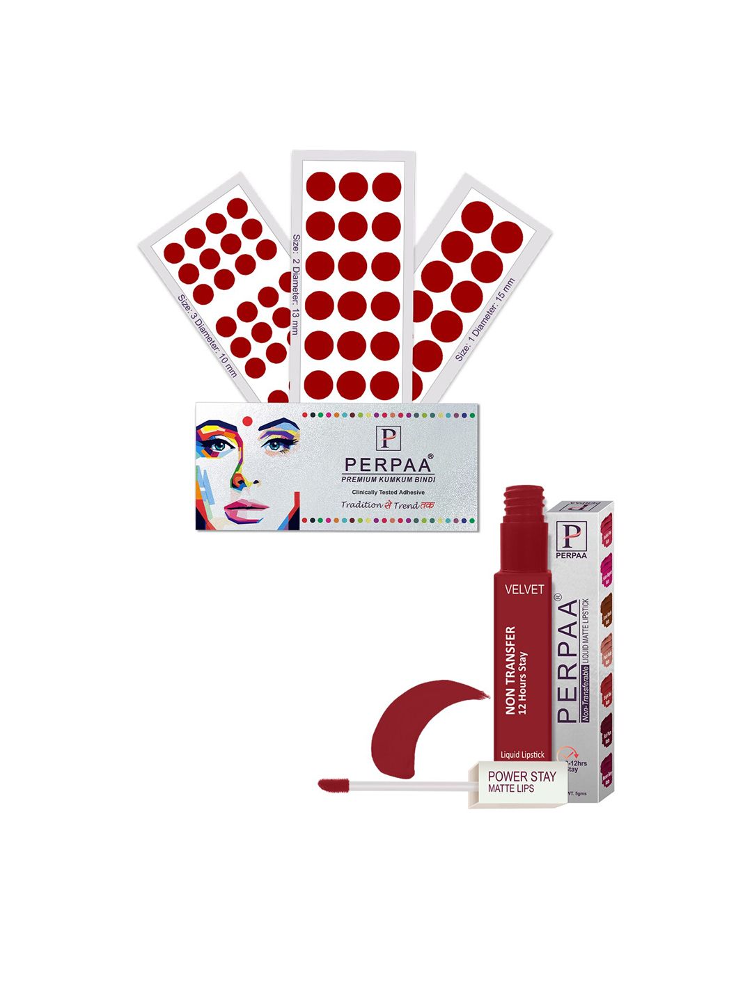 PERPAA Power Stay Non Transfer Lipstick - Shade 22 & Set of 3 Premium Light Maroon Bindis