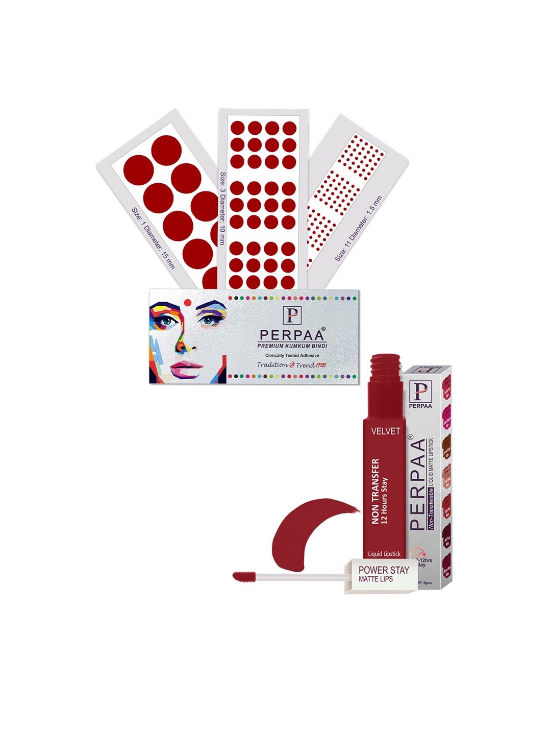 PERPAA Power Stay Non Transfer Lipstick - Shade 22 & Set of 3 Premium Light Maroon Bindis