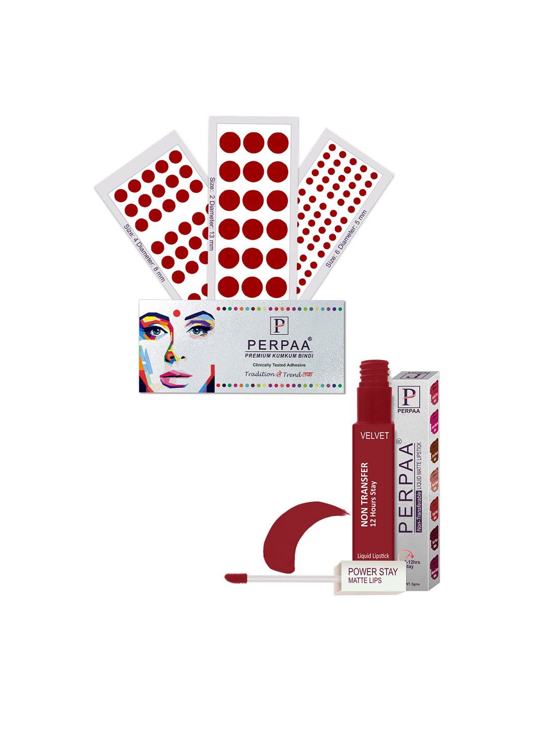 PERPAA Power Stay Non Transfer Lipstick - Shade 22 & Set of 3 Premium Light Maroon Bindis