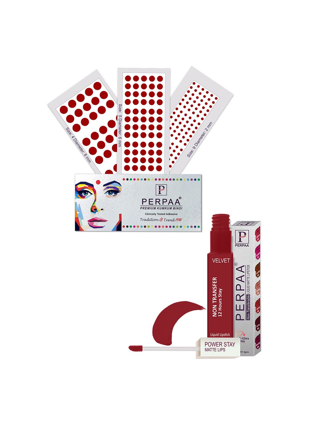 PERPAA Power Stay Non Transfer Lipstick - Shade 22 & Set of 3 Premium Light Maroon Bindis