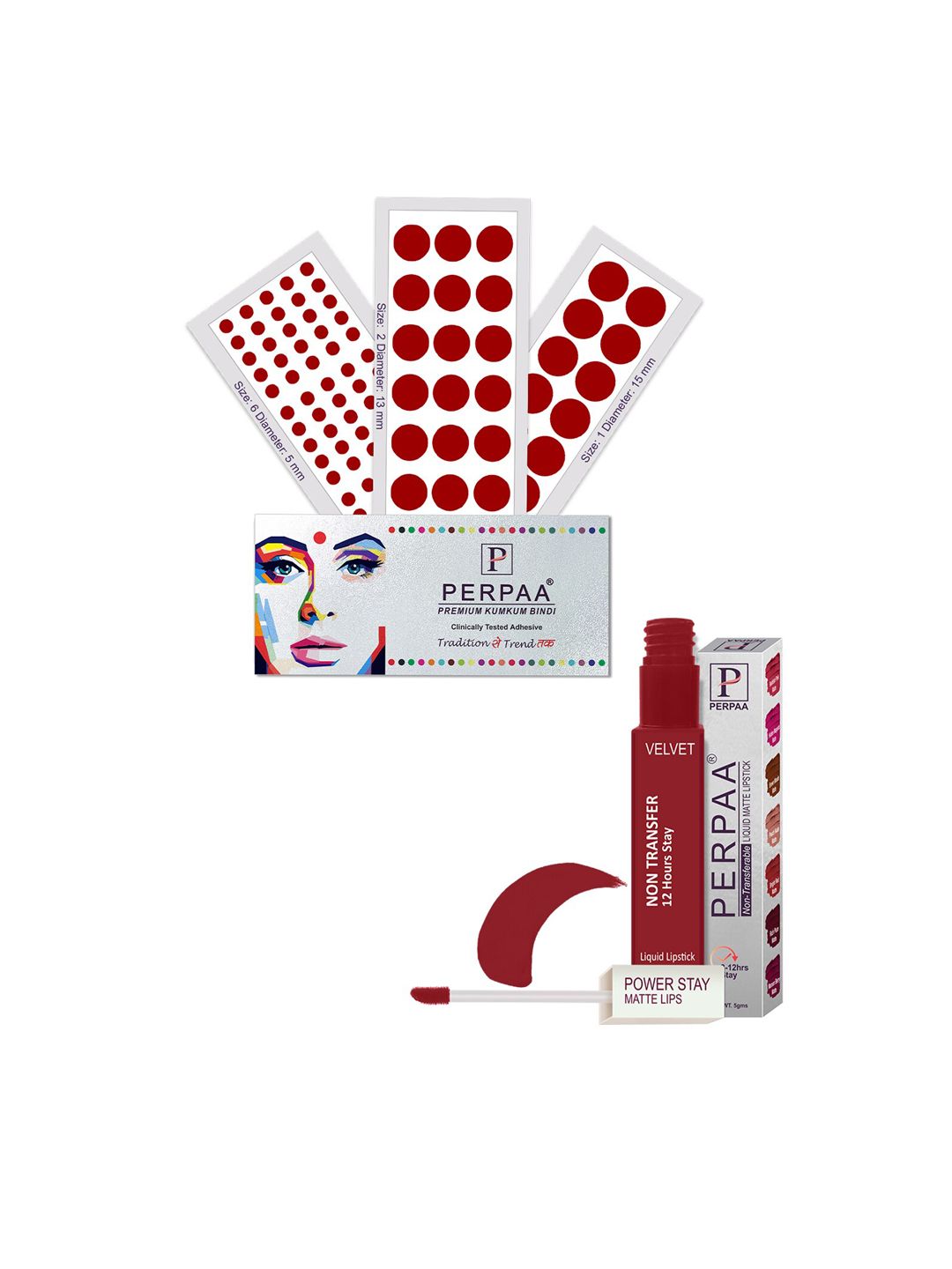 PERPAA Power Stay Non Transfer Lipstick - Shade 22 & Set of 3 Premium Light Maroon Bindis