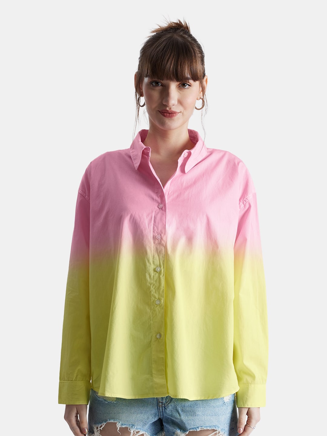 The Souled Store Pink And Yellow Relaxed Boxy Tie & Dyed Pure Cotton Casual Shirt Price in India