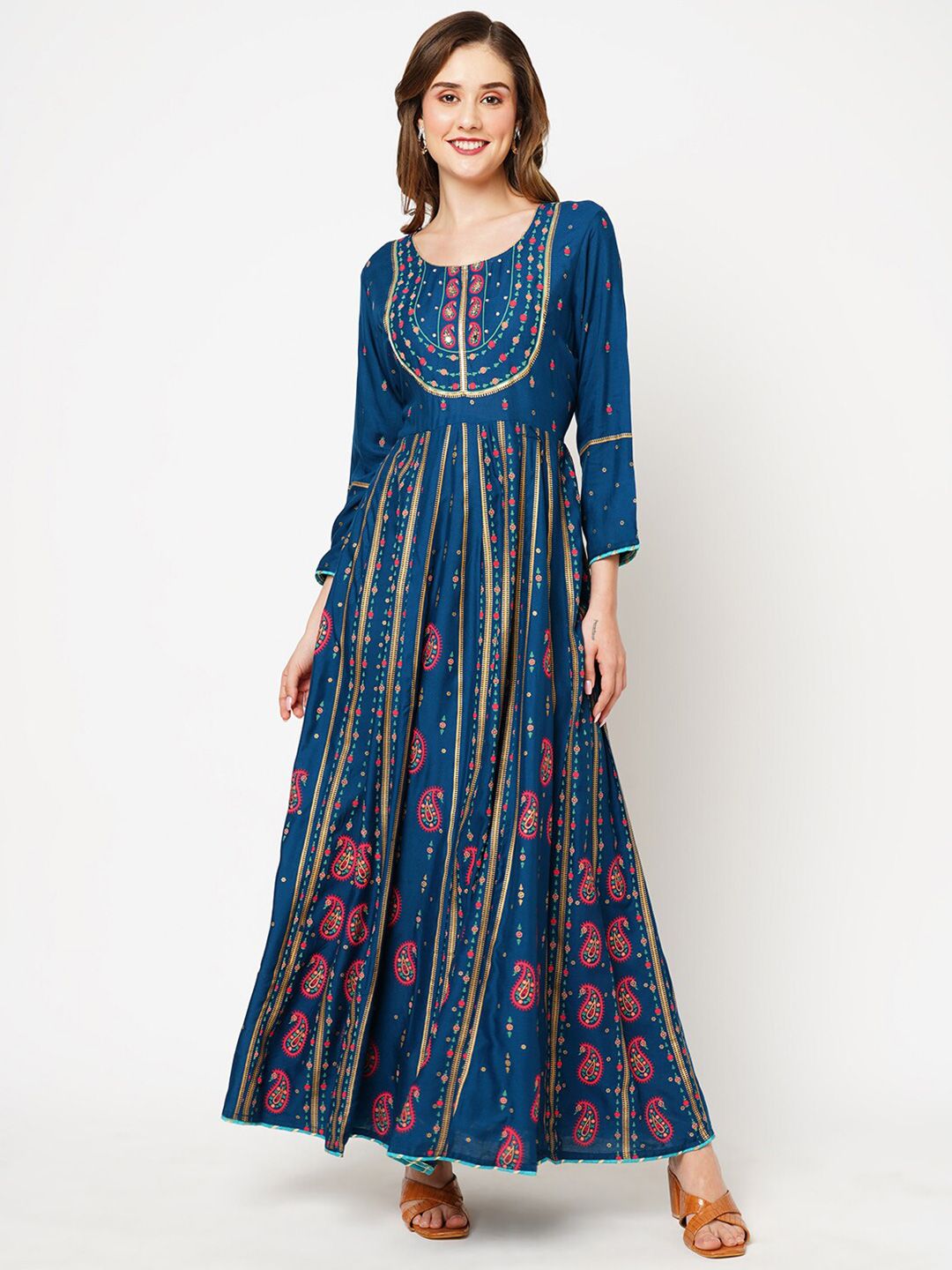 Kiana Ethnic Motif Printed V-Neck Maxi Dress Price in India