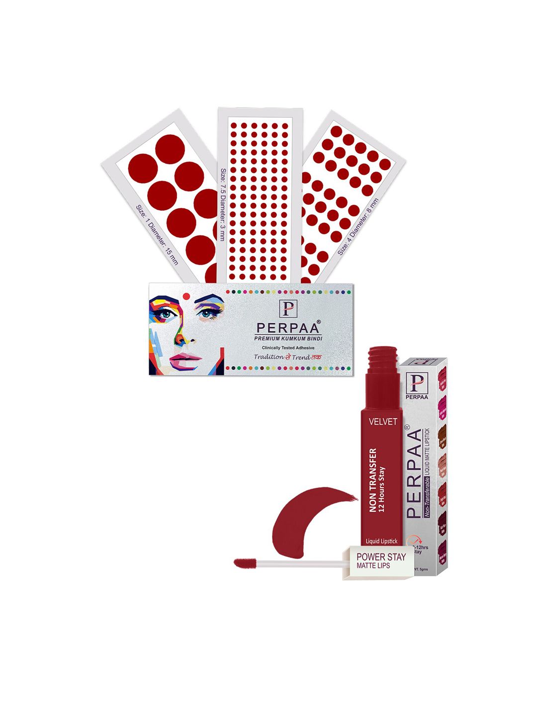 PERPAA Power Stay Non Transfer Lipstick - Shade 22 & Set of 3 Premium Light Maroon Bindis