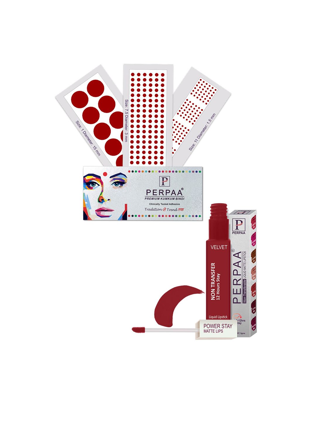 PERPAA Power Stay Non Transfer Lipstick - Shade 22 & Set of 3 Premium Light Maroon Bindis