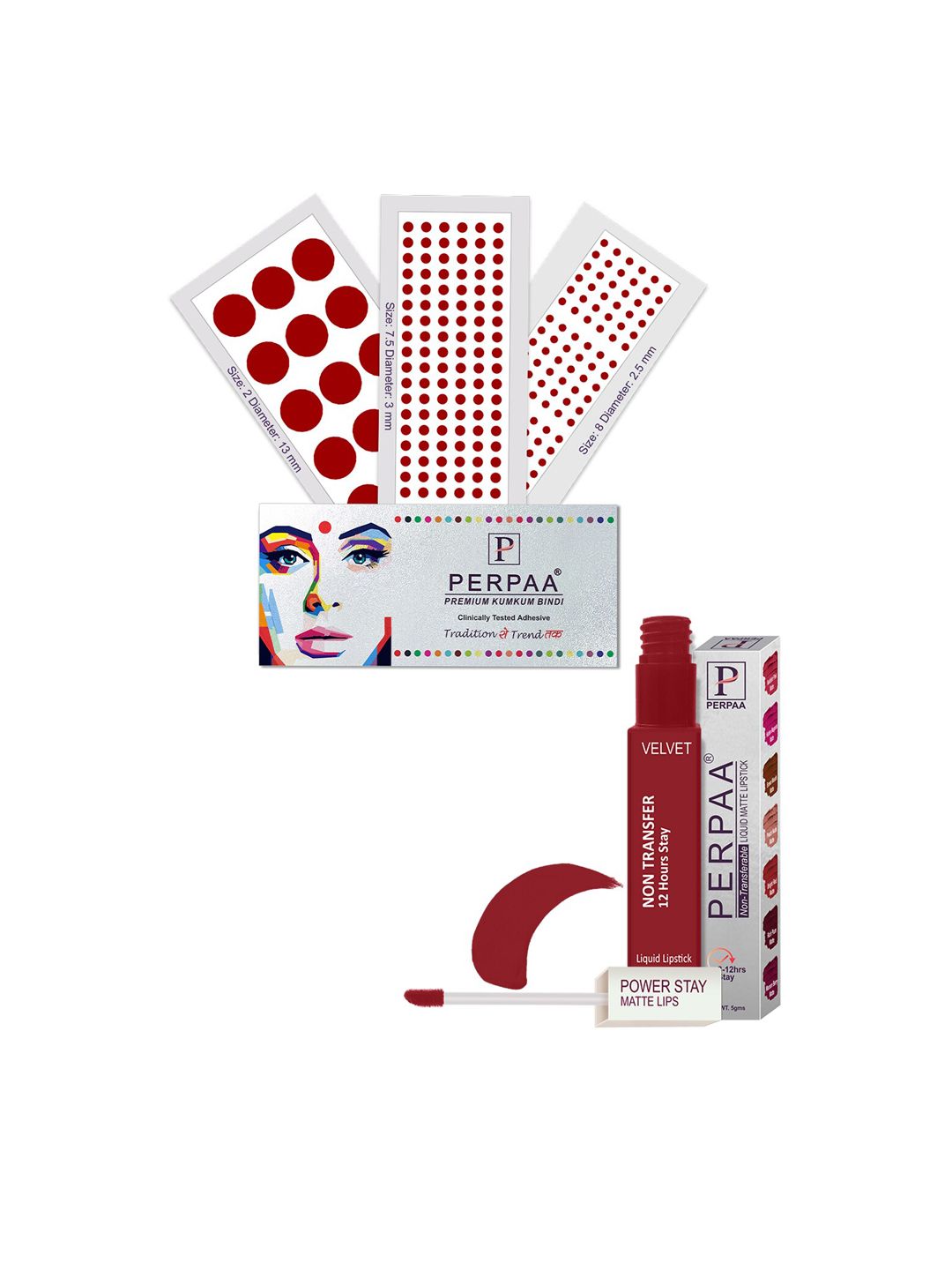 PERPAA Power Stay Non Transfer Lipstick - Shade 22 & Set of 3 Premium Light Maroon Bindis