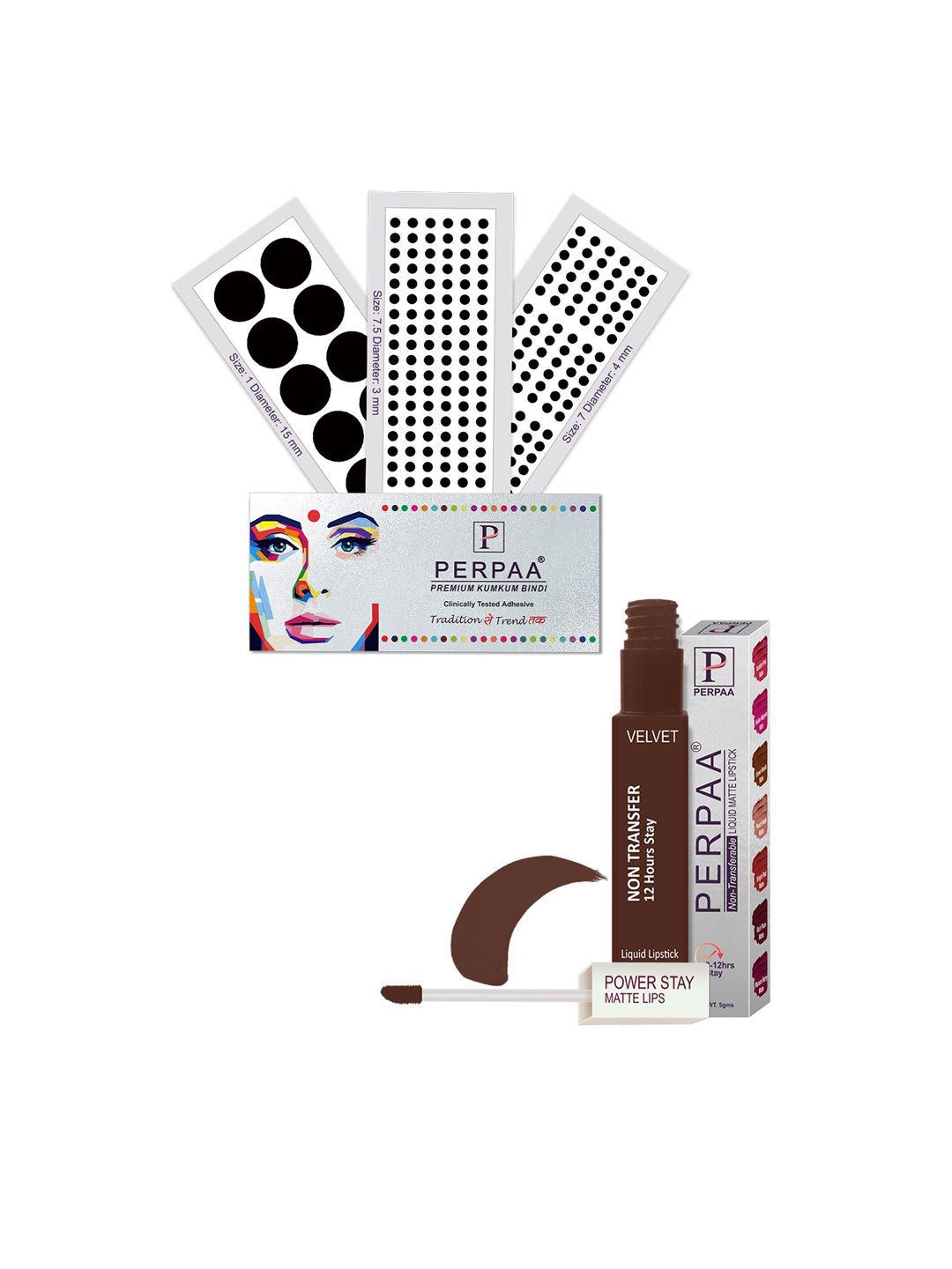 PERPAA Power Stay Non Transfer Lipstick - Shade 16 & Set of 3 Premium Black Bindis