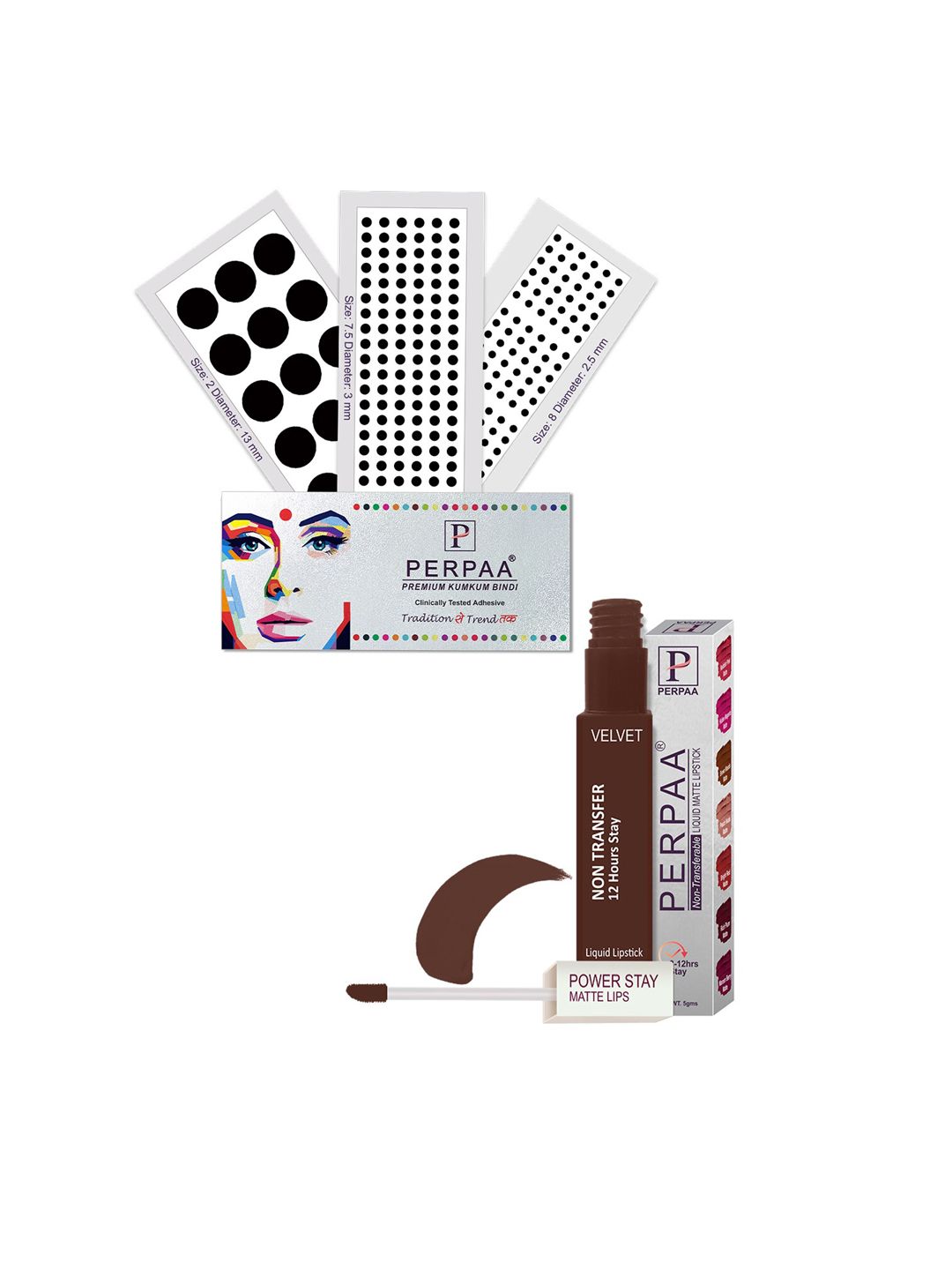 PERPAA Power Stay Non Transfer Lipstick - Shade 16 & Set of 3 Premium Black Bindis
