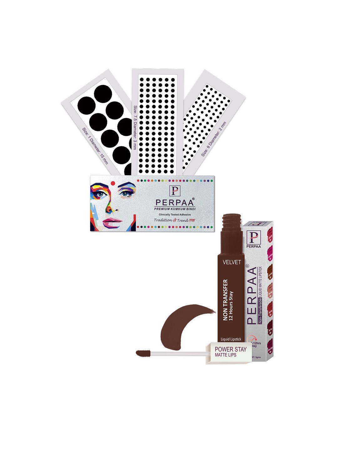 PERPAA Power Stay Non Transfer Lipstick - Shade 16 & Set of 3 Premium Black Bindis