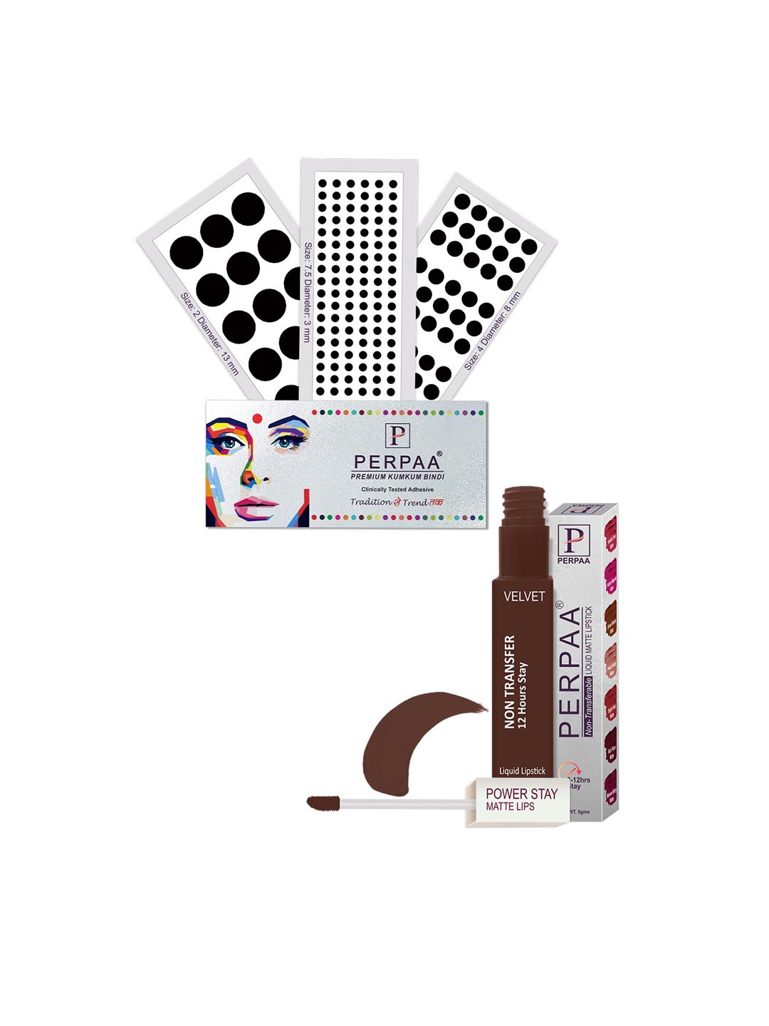 PERPAA Power Stay Non Transfer Lipstick - Shade 16 & Set of 3 Premium Black Bindis