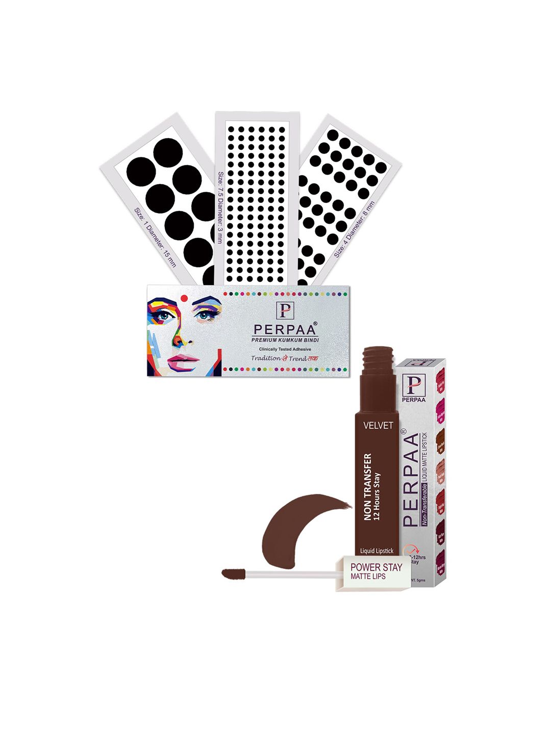 PERPAA Power Stay Non Transfer Lipstick - Shade 16 & Set of 3 Premium Black Bindis