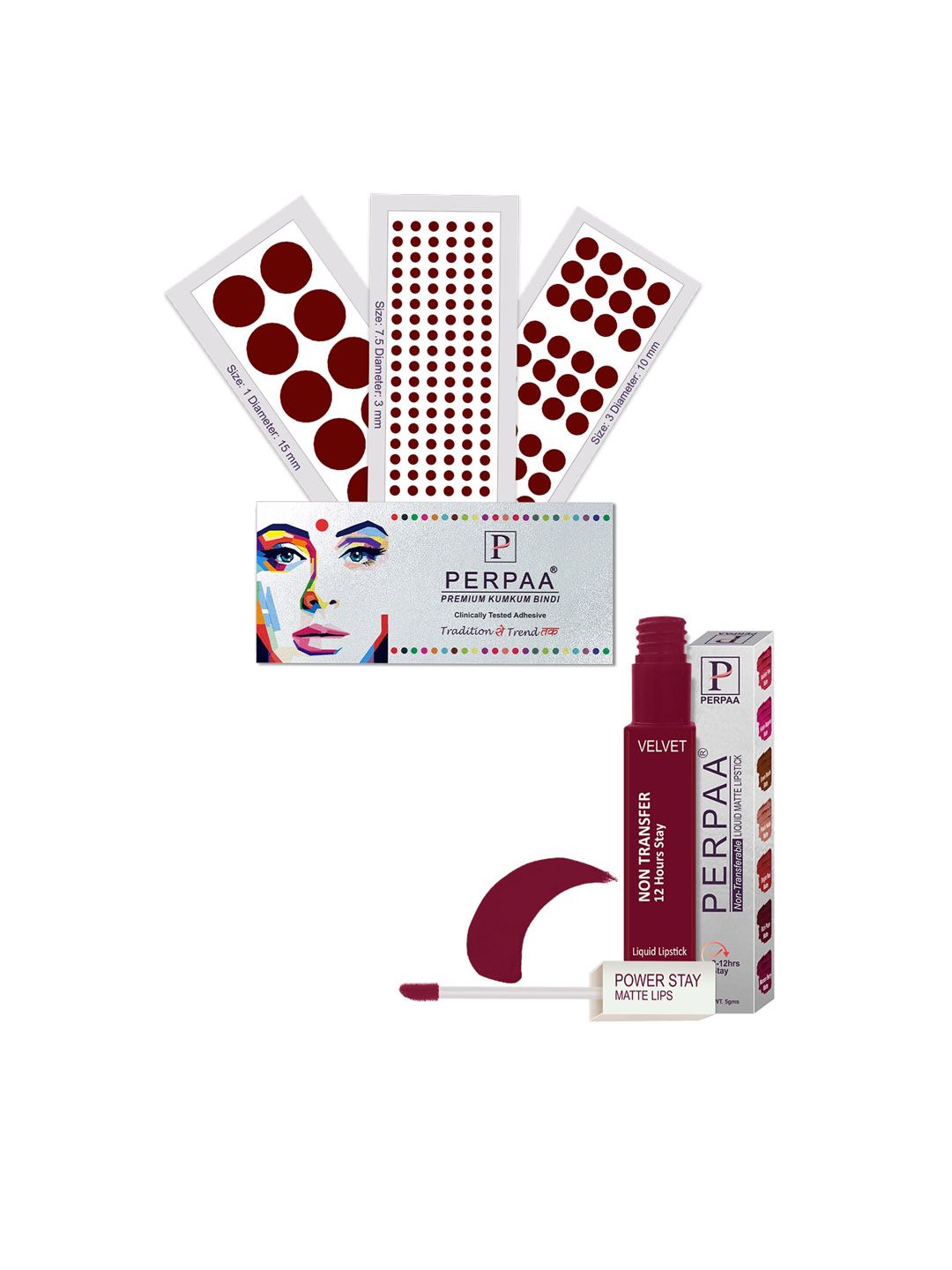 PERPAA Power Stay Non Transfer Lipstick - Shade 09 & Set of 3 Premium Dark Maroon Bindis