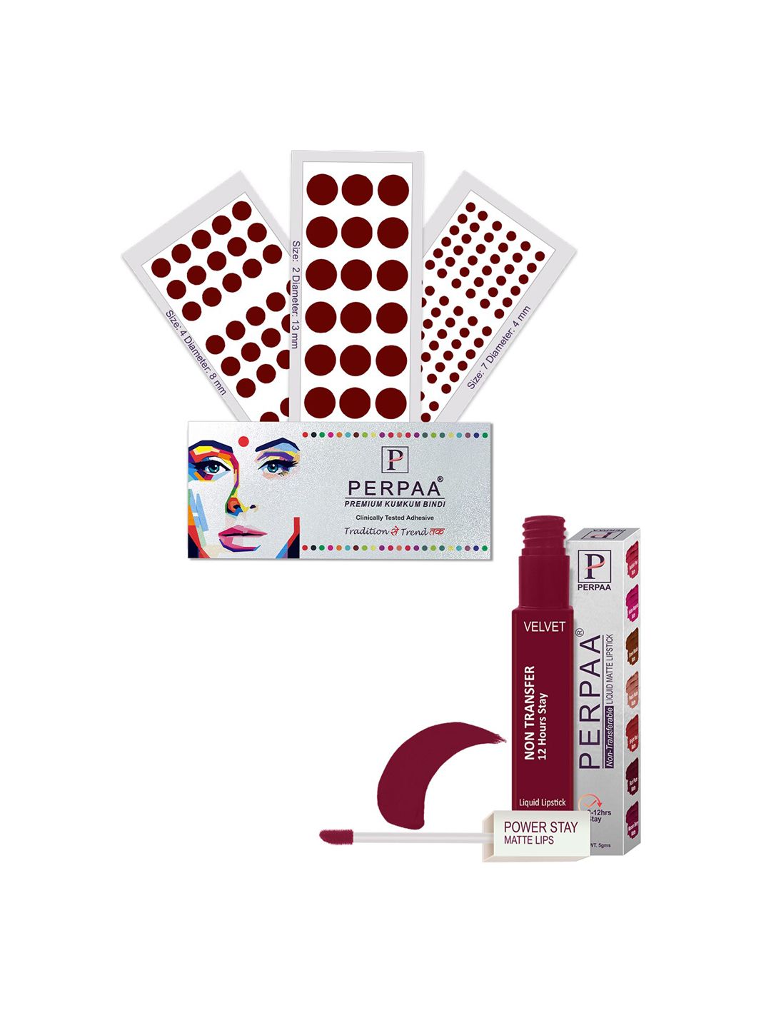 PERPAA Power Stay Non Transfer Lipstick - Shade 09 & Set of 3 Premium Dark Maroon Bindis