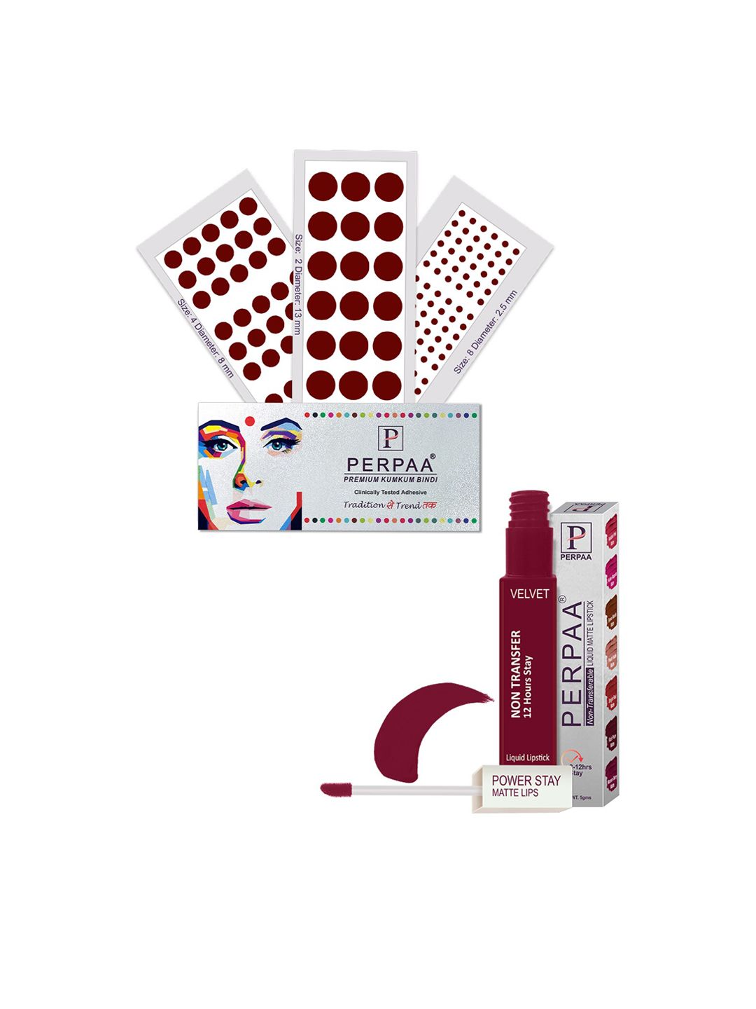 PERPAA Power Stay Non Transfer Lipstick - Shade 09 & Set of 3 Premium Dark Maroon Bindis