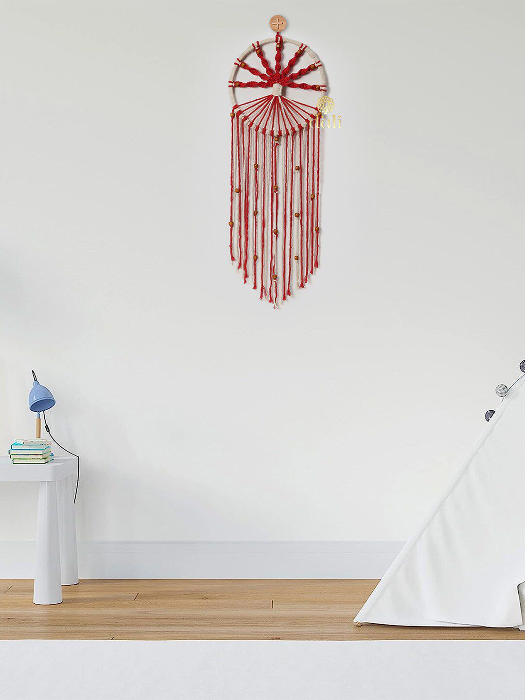 DULI Unisex Red & White Self Design Macrame Dreamcatcher Windchimes