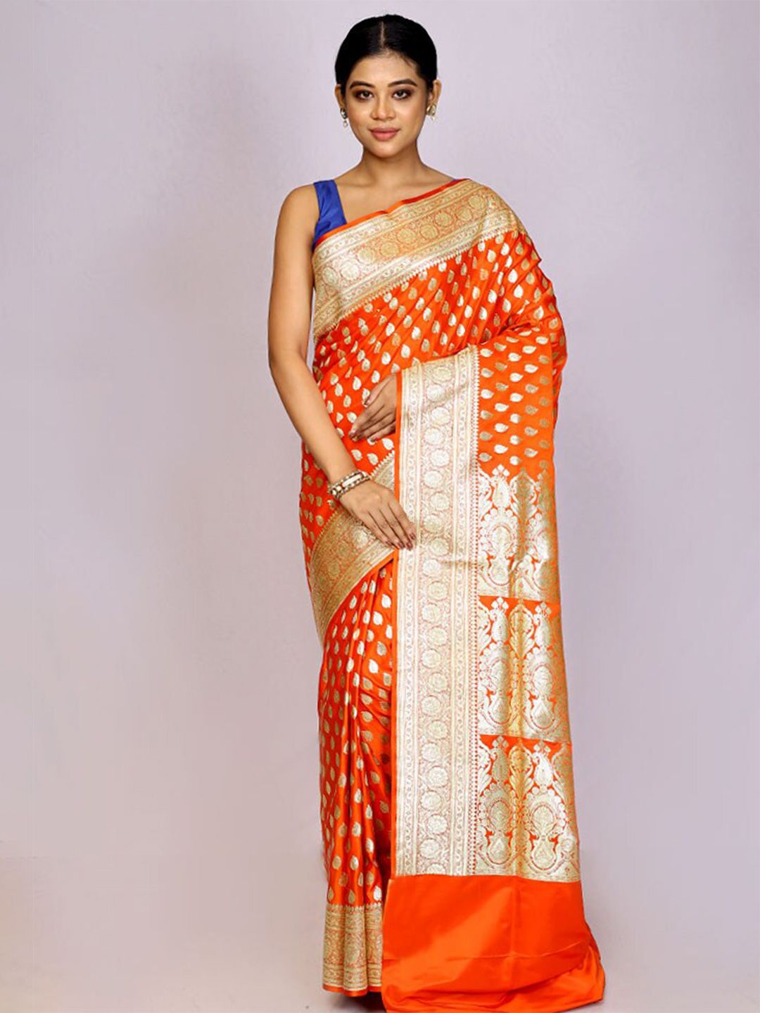 AllSilks Orange & Gold-Toned Woven Design Zari Silk Blend Banarasi Saree Price in India