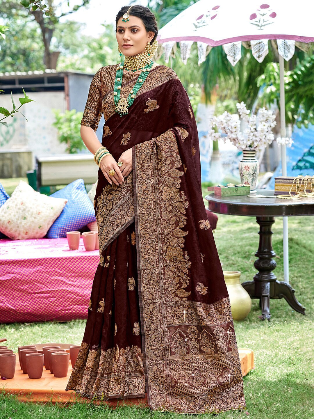 Saree mall Ethnic Motifs Woven Design Zari Organza Banarasi Saree Price in India