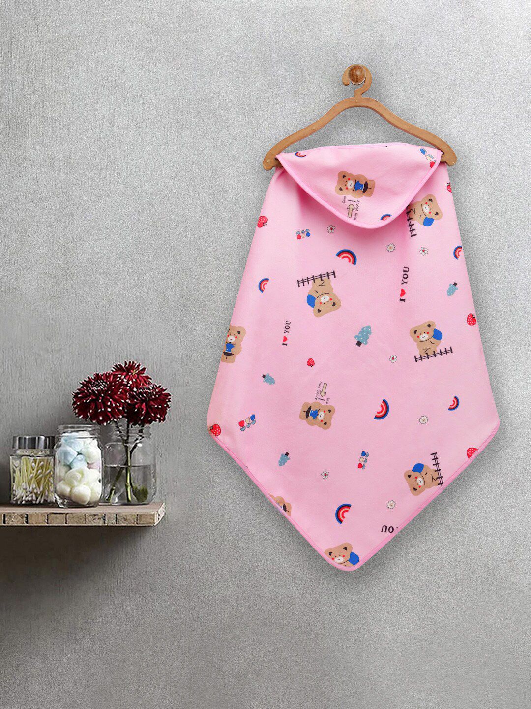 FABINALIV Infants Pink & Brown Printed 420 GSM Cotton Hooded Bath Towels