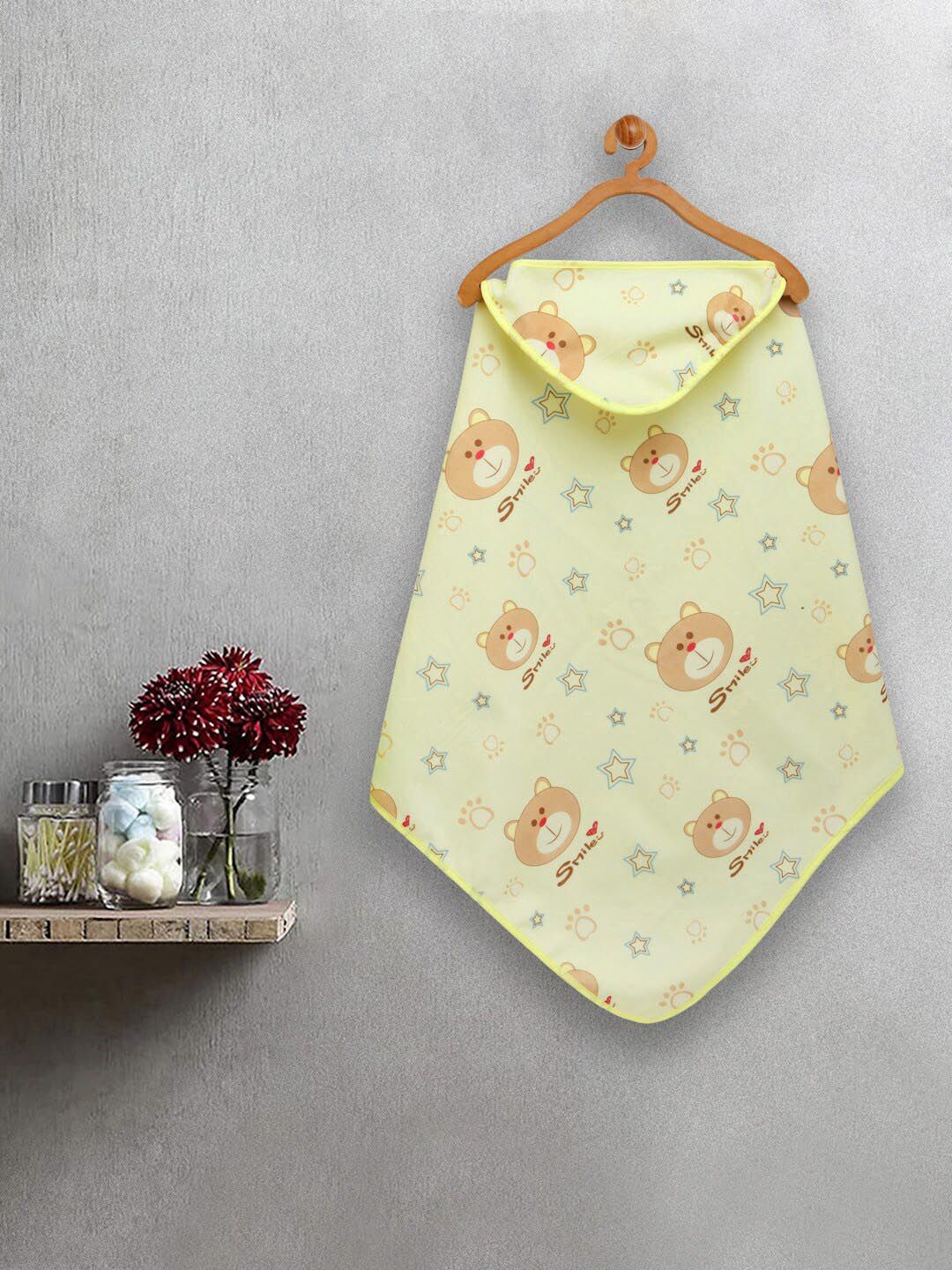 FABINALIV Infants Yellow & Brown Printed 420 GSM Cotton Hooded Bath Towel