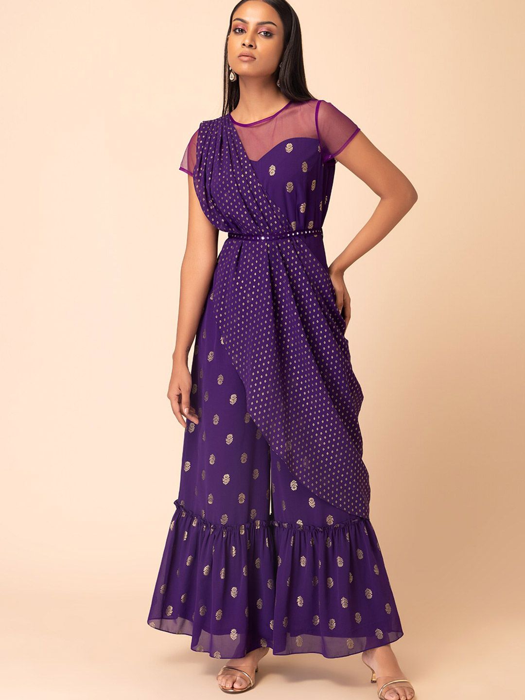 INDYA Ethnic Motifs Printed Jumpsuit with Attached Dupatta & Belt Price in India