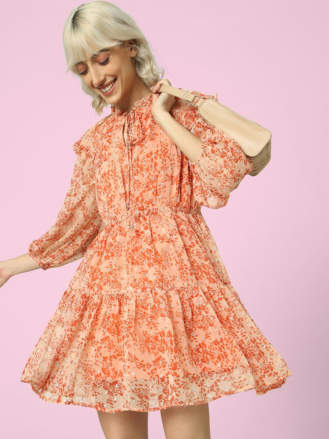 ONLY Onl Uexglio Ls Floral Printed Puff Sleeve Fit & Flare Dress Price in India