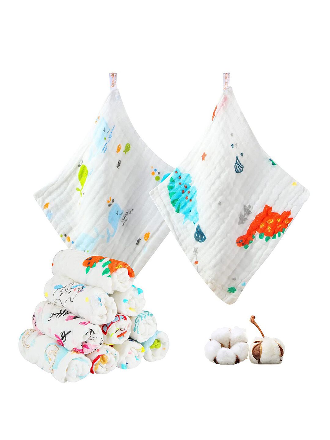Moms Home Kids White & Blue 7 Pieces Printed 300 GSM Organic Cotton Bath Towels