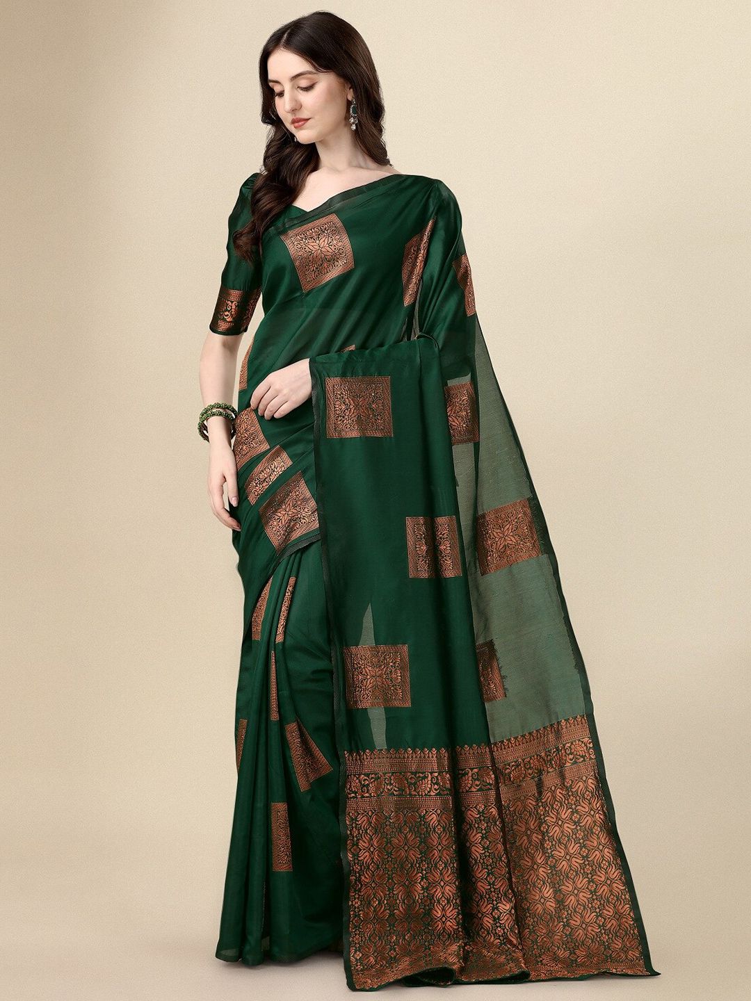 Fashion Basket Green & Gold-Toned Woven Design Zari Art Silk Saree Price in India
