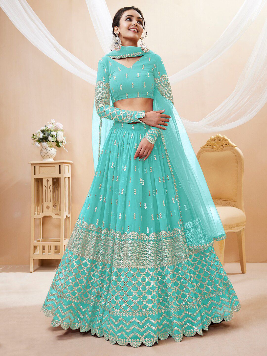 FABPIXEL Embroidered Mirror Work Semi-Stitched Lehenga Choli With Dupatta Price in India