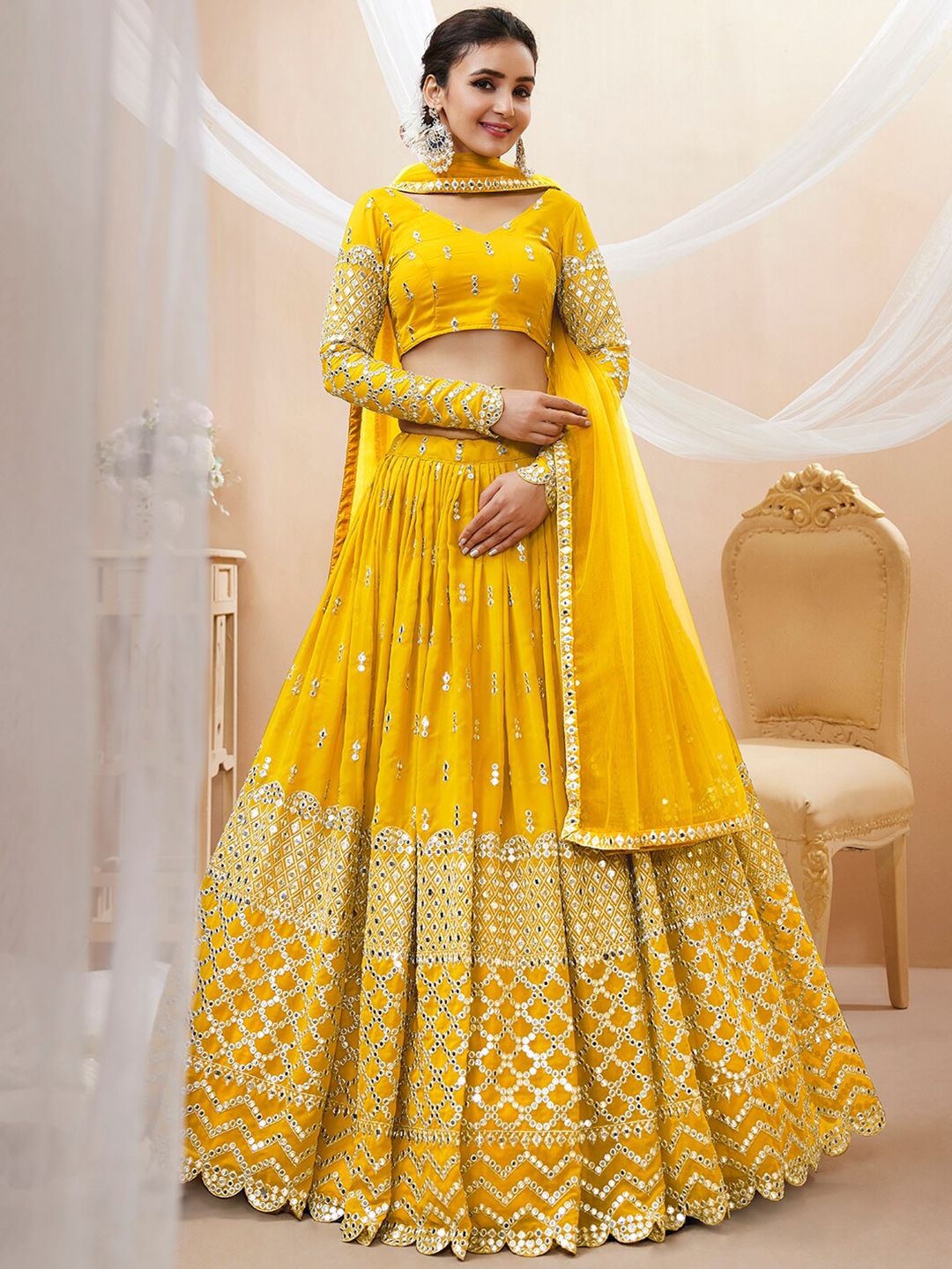 FABPIXEL Embroidered Mirror Work Semi-Stitched Lehenga Choli With Dupatta Price in India