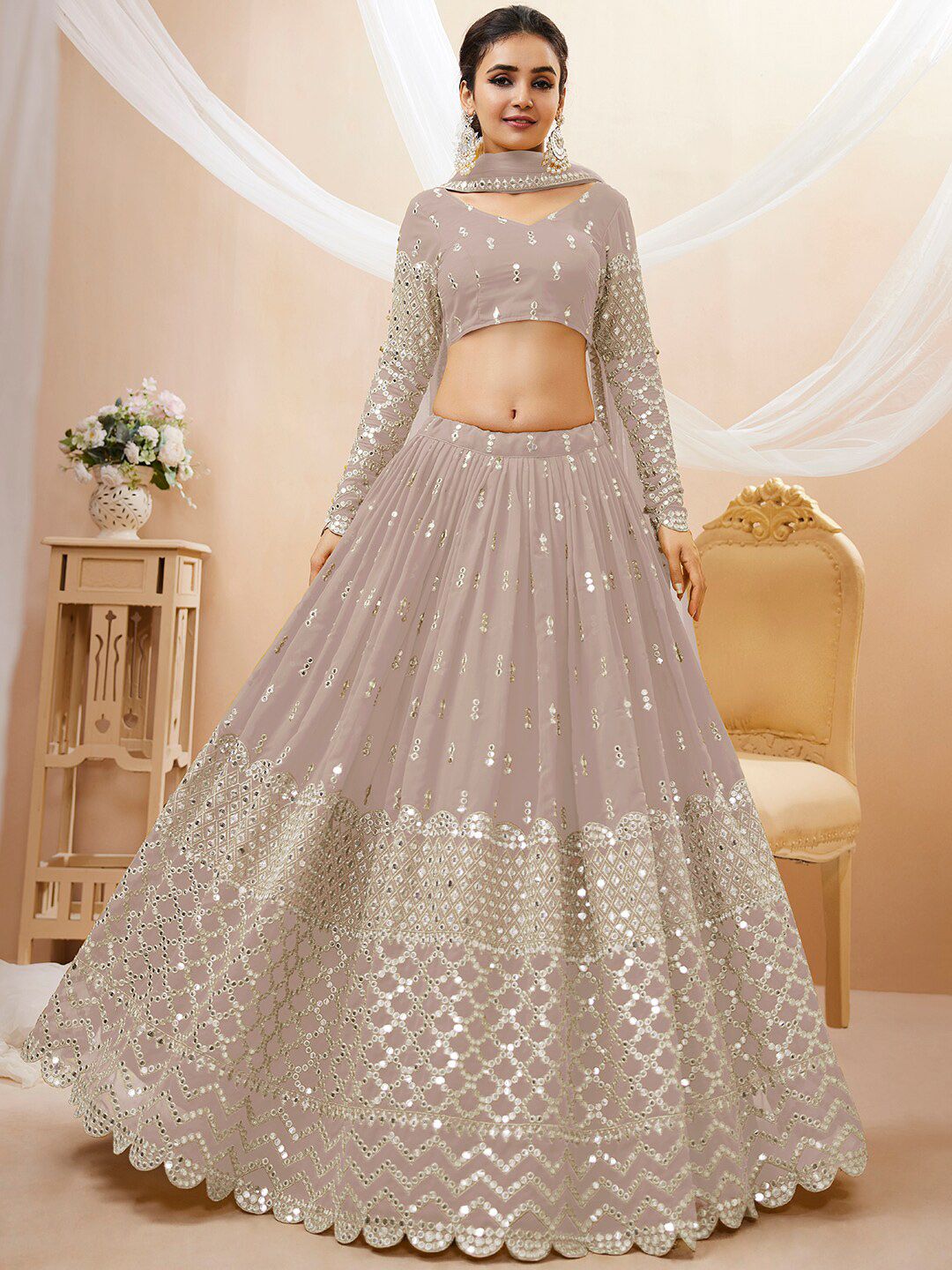 FABPIXEL Embroidered Mirror Work Semi-Stitched Lehenga Choli With Dupatta Price in India