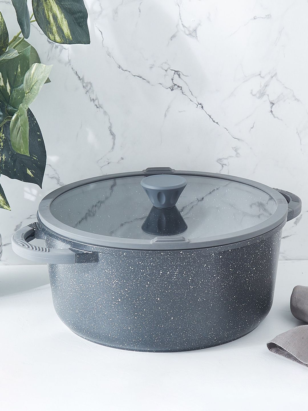 Home Centre Home Centre Marshmallow Adele Grey Textured Aluminium Non-Stick Casserole with Lid-6.8L