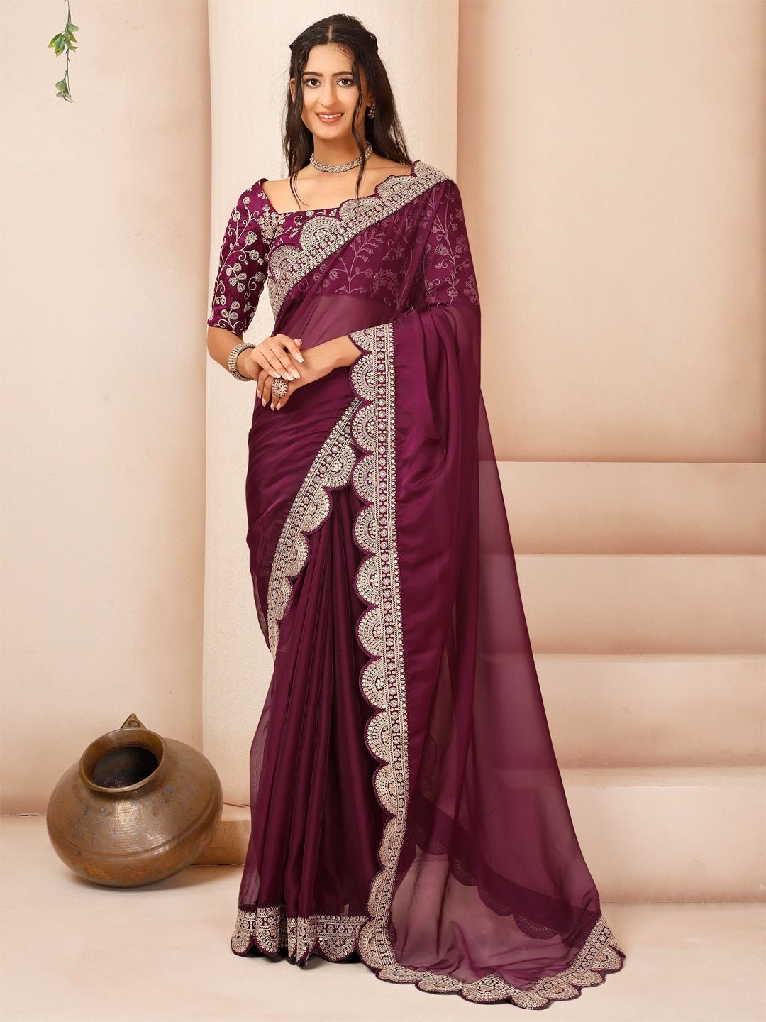 Inddus Floral Embroidered Sequinned Organza Saree Price in India
