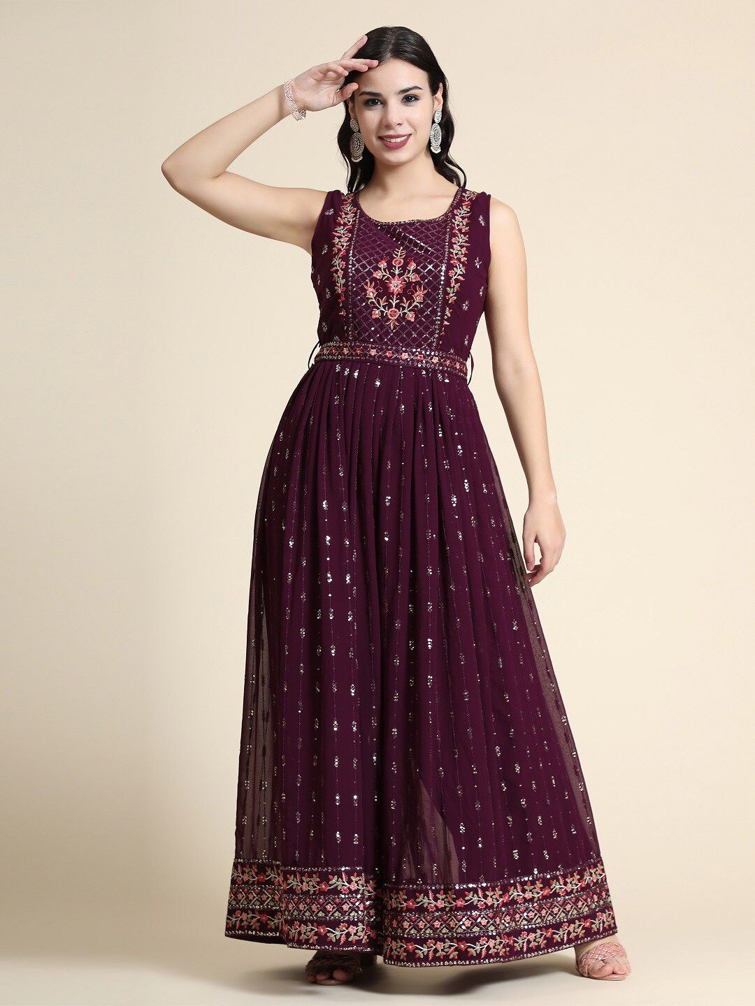 KALINI Embroidered Basic Ethnic Jumpsuit With Belt Price in India