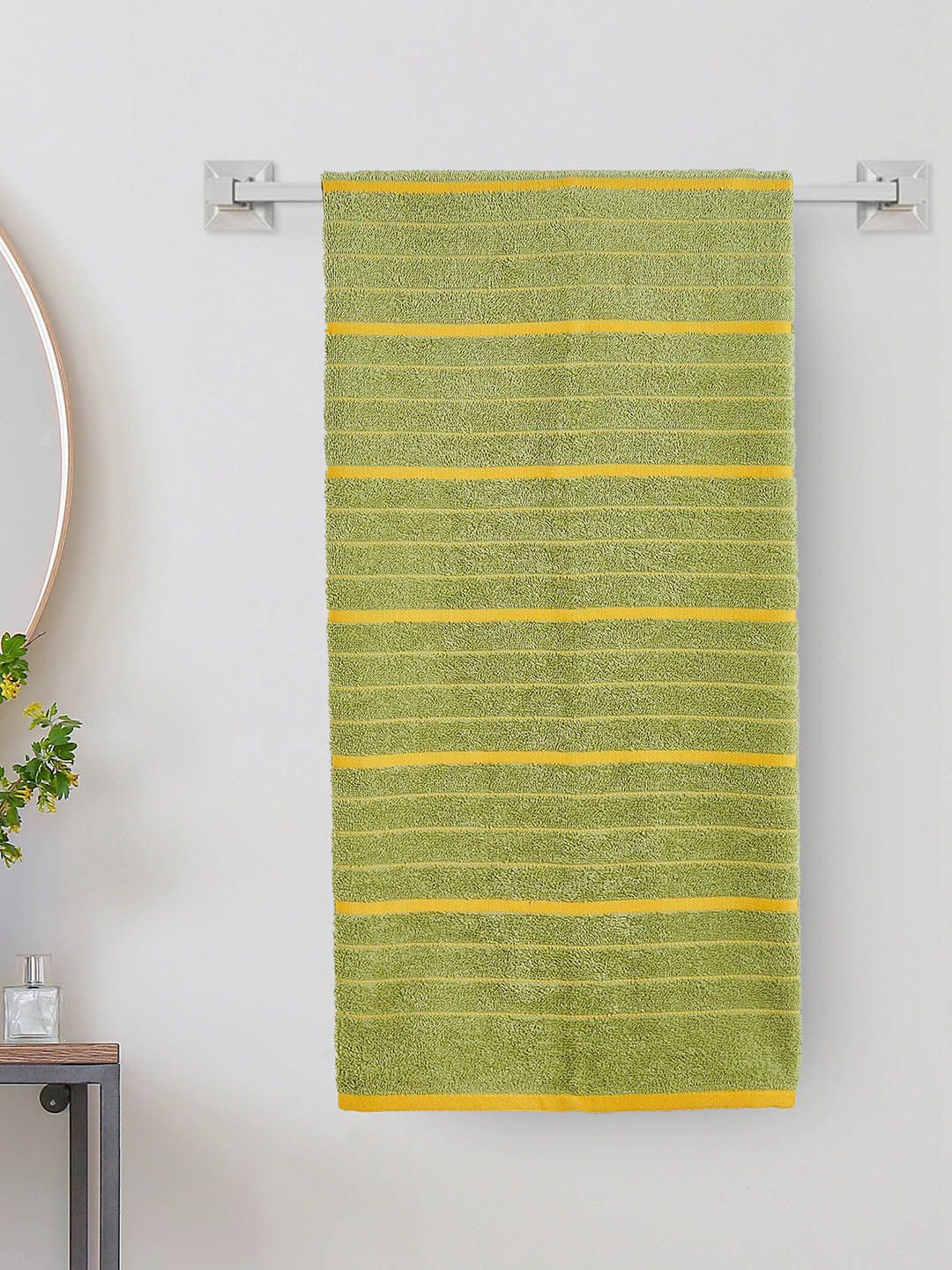 Home Centre Mekong Green & Yellow Striped Cotton 400 GSM Pacific Emery Bath Towel