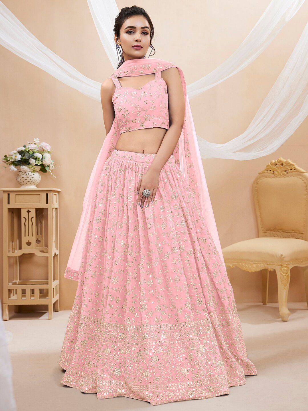 FABPIXEL Pink & Gold-Toned Embroidered Sequinned Semi-Stitched Lehenga & Unstitched Blouse With Dupatta Price in India