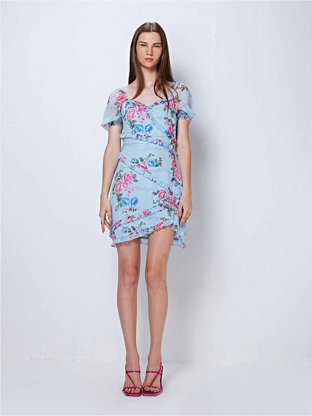 COVER STORY Blue Floral Print Chiffon Fit & Flare Mini Dress Price in India