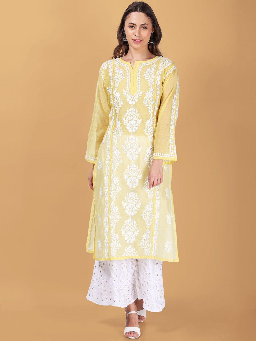 Syrish Women Yellow Printed Flared Sleeves Handloom Chanderi Silk Kurta Price in India