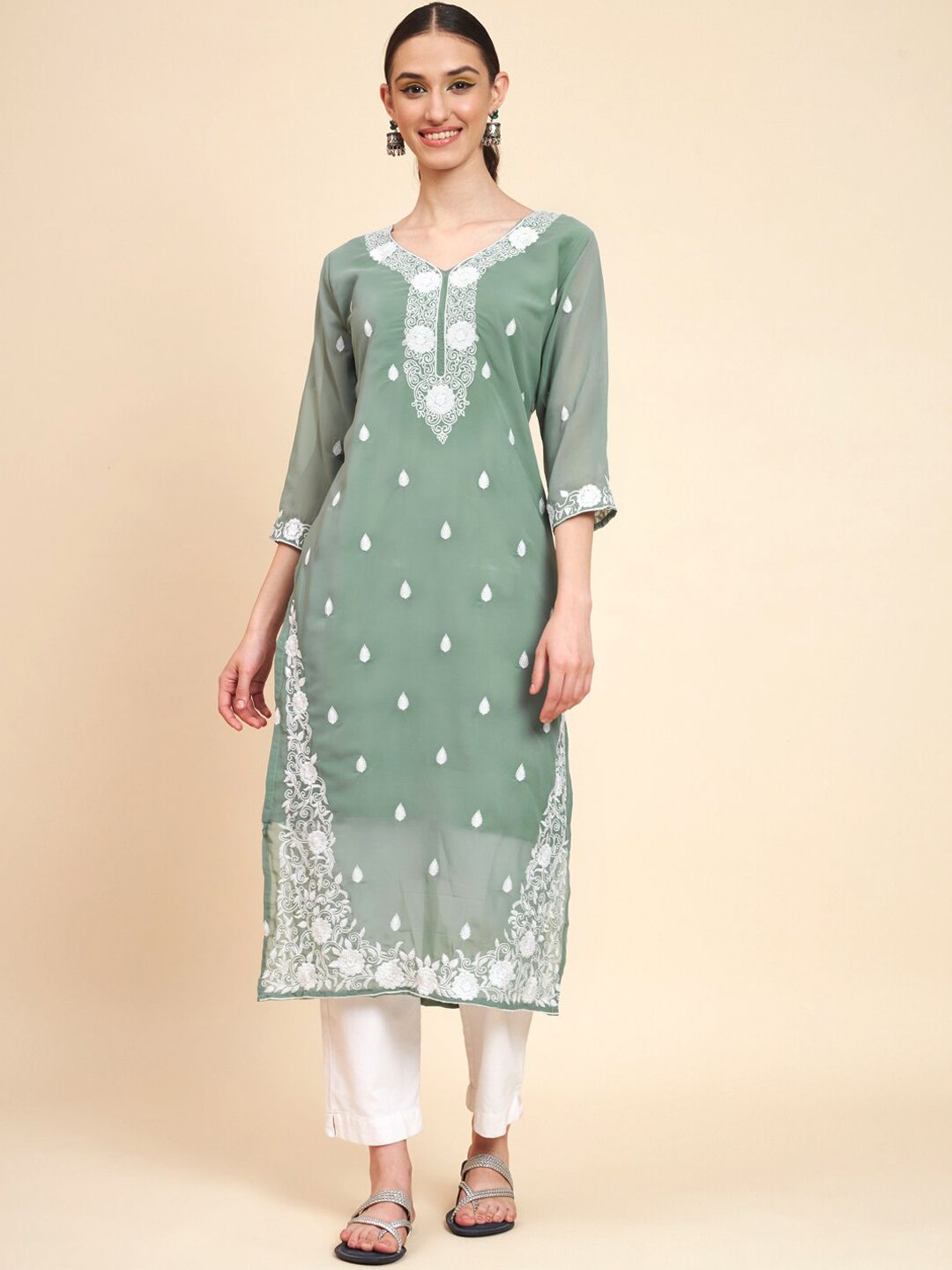VAIRAGEE Floral Embroidered Georgette A-Line Kurta Price in India