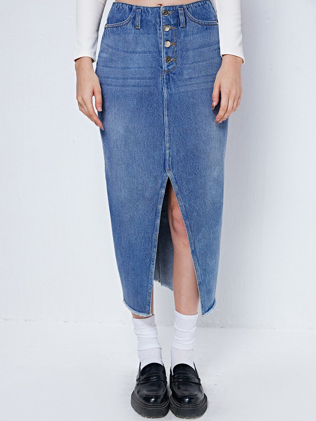 COVER STORY Blue Straight Denim Maxi Skirt Price in India