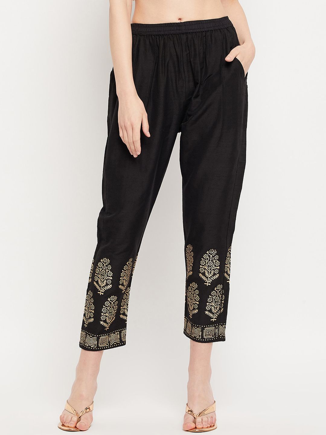 Clora Creation Women Smart Mid Rise Ethnic Motifs Printed Easy Wash Cotton Silk Trousers Price in India