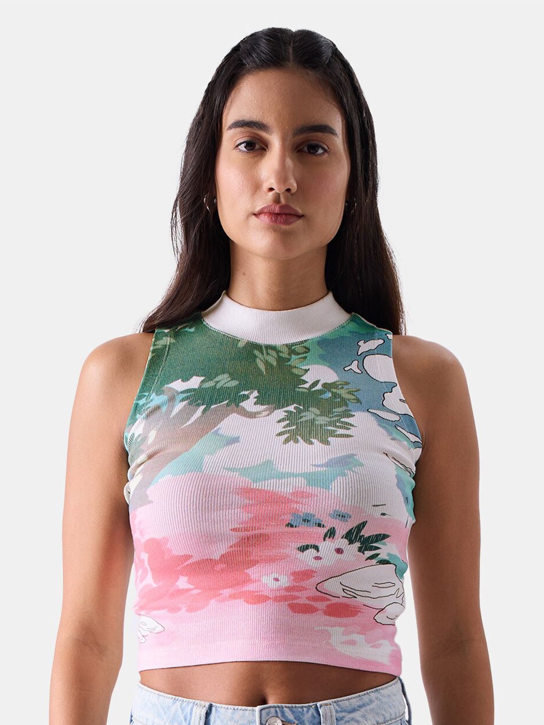 The Souled Store White Floral Printed Crop Fitted Top Price in India