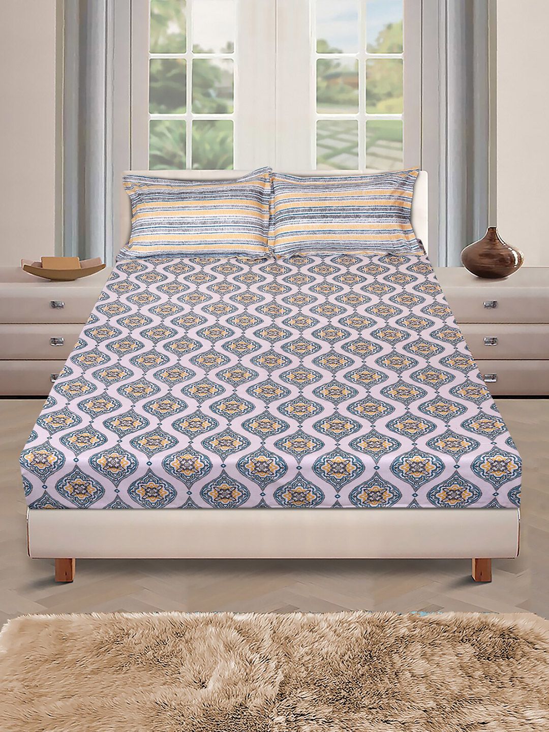 ROMEE Monster Teal Ethnic Motifs Cotton 144 TC Queen Bedsheet with 2 Pillow Covers-90 x 100 inches